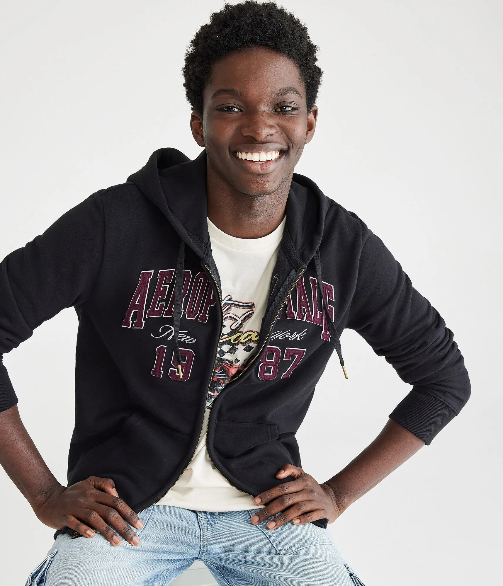 Aeropostale Herren Aeropostale 1987 Heritage Full-Zip Hoodie - - Größe XS - Baumwolle - Teen Mode & Bekleidung Schwarz Aeropostale