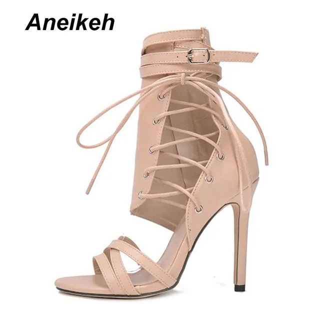 Aneikeh Römische Schnallenriemen Schuhe Damen Sandalen Sexy Gladiatoren Schnürung Peep Toe Sandalen High Heels Damen Knöchelstiefel Schwarz Aprict Fashion Nova Schuhe
