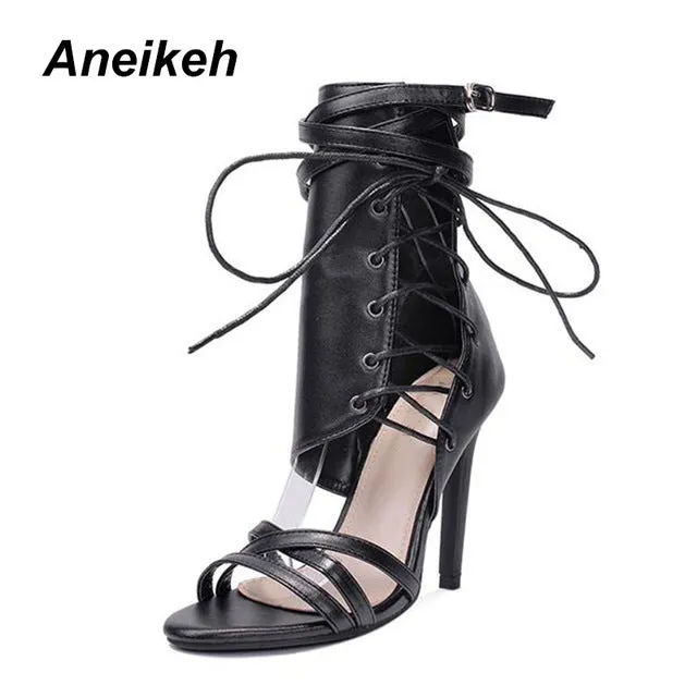 Aneikeh Römische Schnallenriemen Schuhe Damen Sandalen Sexy Gladiatoren Schnürung Peep Toe Sandalen High Heels Damen Knöchelstiefel Schwarz Aprict Fashion Nova Schuhe