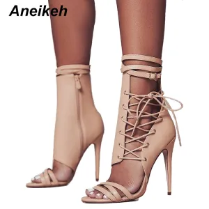 Aneikeh Römische Schnallenriemen Schuhe Damen Sandalen Sexy Gladiatoren Schnürung Peep Toe Sandalen High Heels Damen Knöchelstiefel Schwarz Aprict Fashion Nova Schuhe