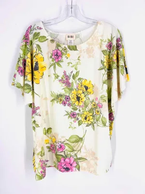 BiBi Größe M Creme/Gelb Blumen Tops Kurzarm