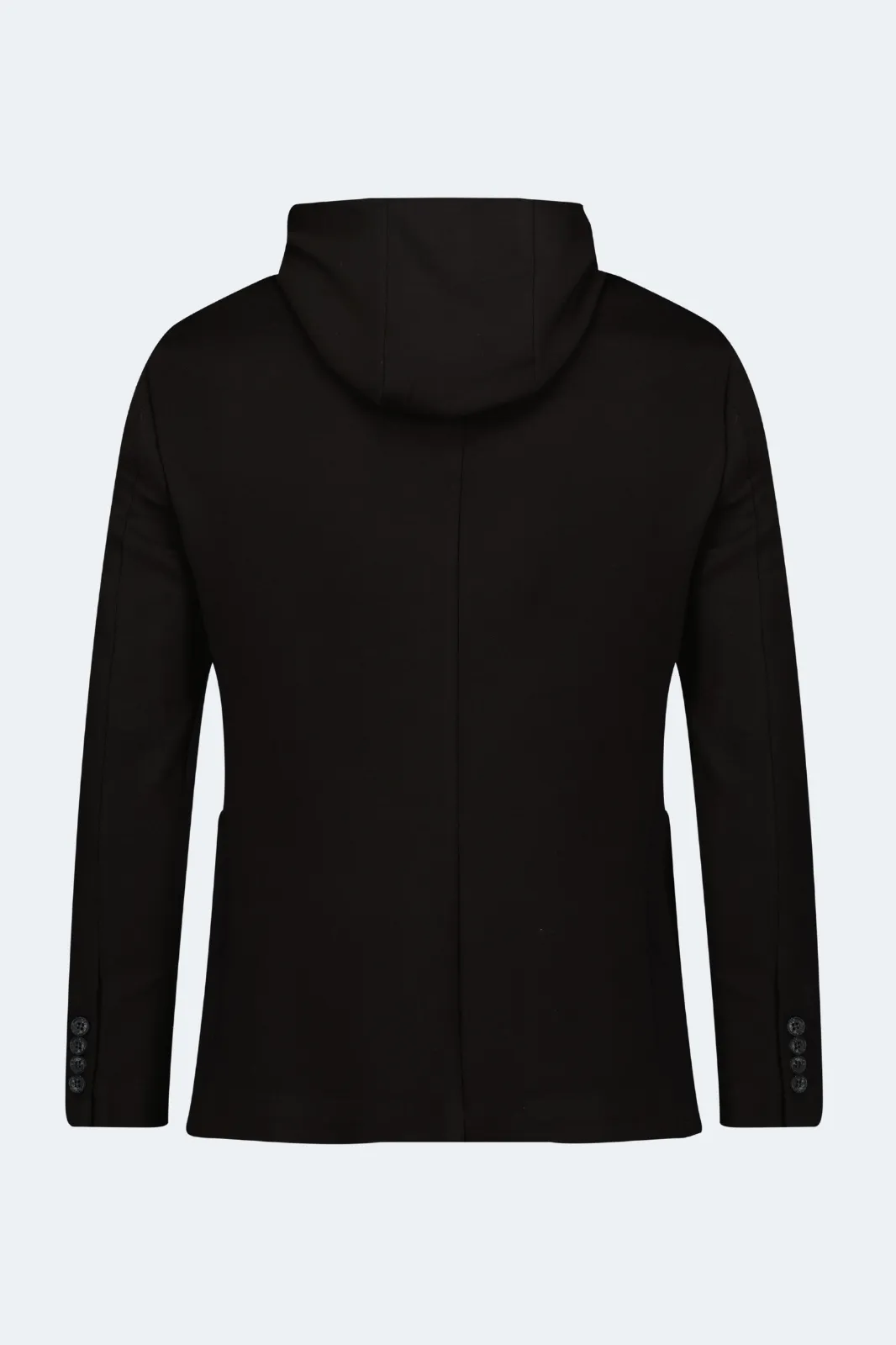Schwarze gestrickte Sportjacke mit Kapuze und Knöpfen