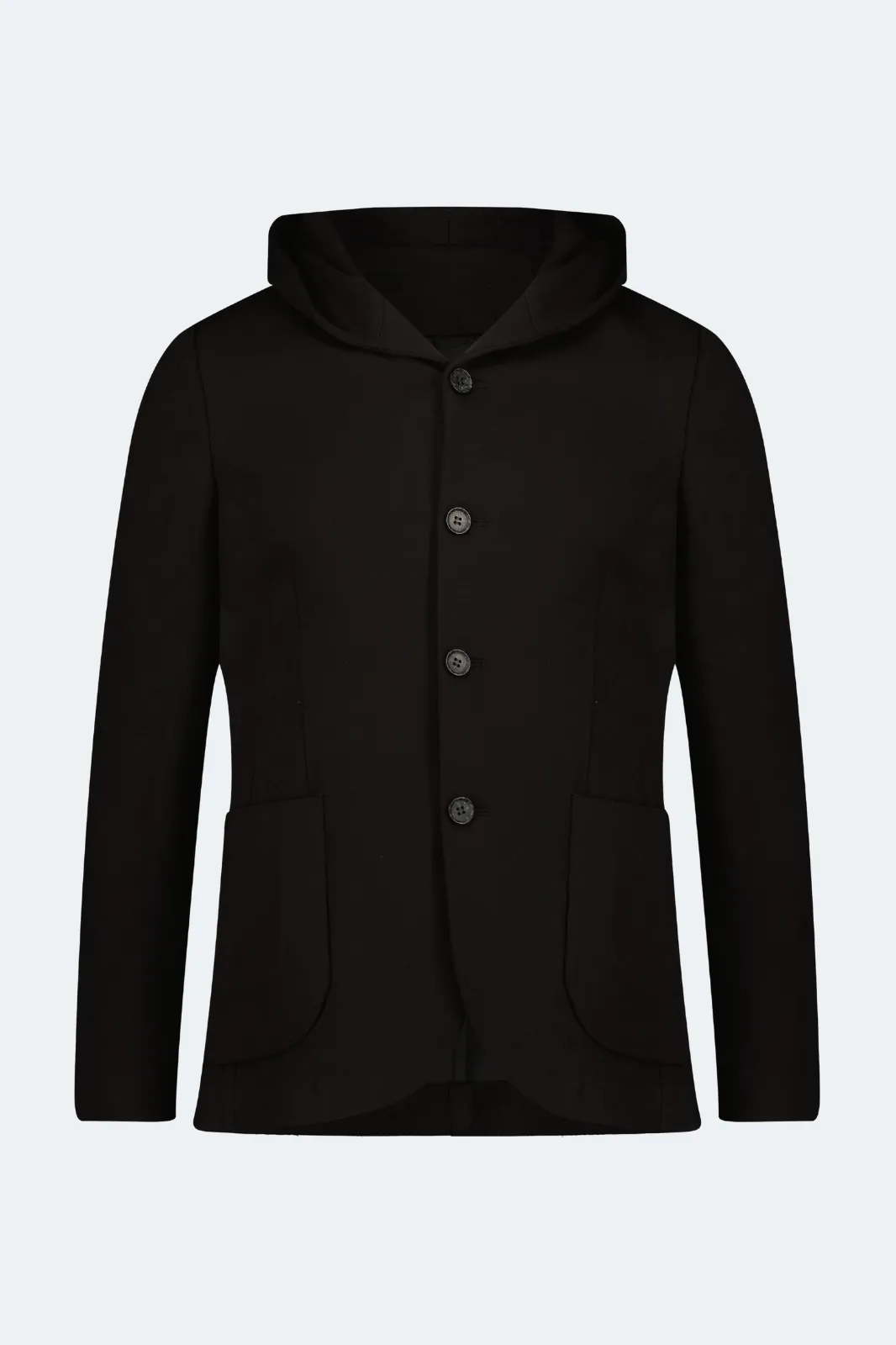 Schwarze gestrickte Sportjacke mit Kapuze und Knöpfen