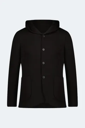 Schwarze gestrickte Sportjacke mit Kapuze und Knöpfen