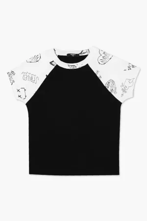Forever 21 Mädchen Rippig Grafisches Raglan T-Shirt (Kinder) Schwarz/Mehrfarbig Forever 21
