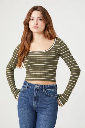 Forever 21 Gestricktes Frauen-Streifen-Crop-Sweater Grün/Mehrfarbig Forever 21