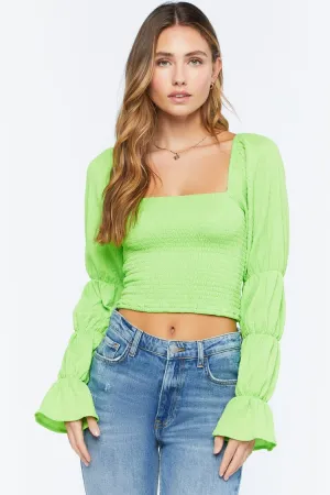 Forever 21 Damen Marie-Ärmel Rüschen-Crop-Top in Knallgrün von Forever 21