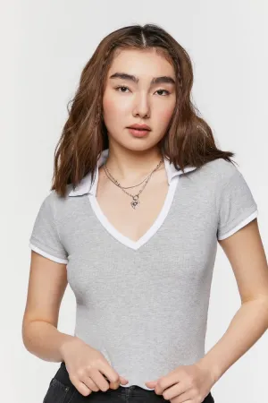 Forever 21 Damen V-Ausschnitt Cropped Polo-Shirt Meliert Grau/Weiß Forever 21
