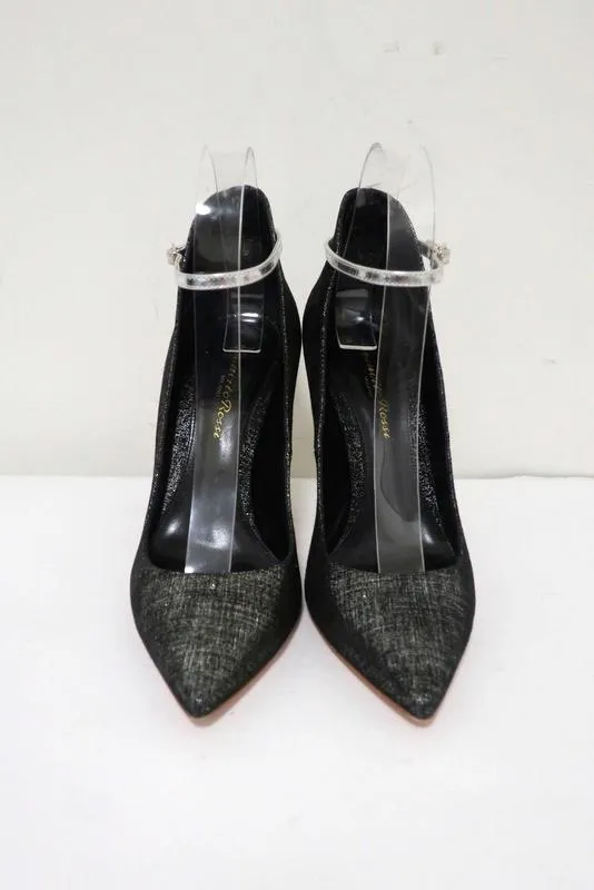 Gianvito Rossi Pumps mit hohem Rücken und Knöchelriemen Schwarz/Silber Metallic Wildleder Größe 36.5