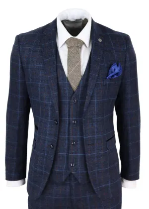 Harvey Navy Tweed Check 3-teiliger Anzug
