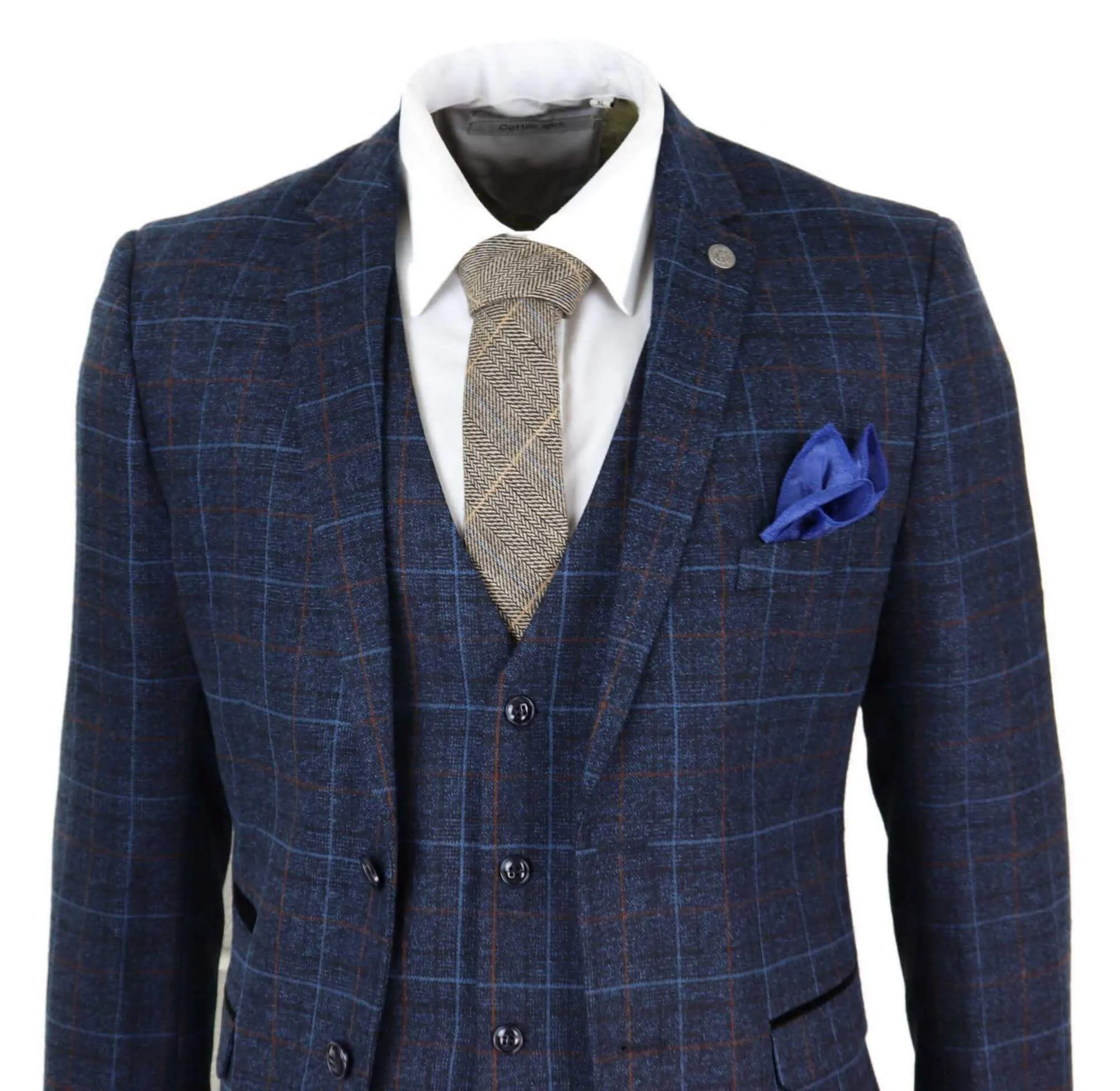 Harvey Navy Tweed Check 3-teiliger Anzug