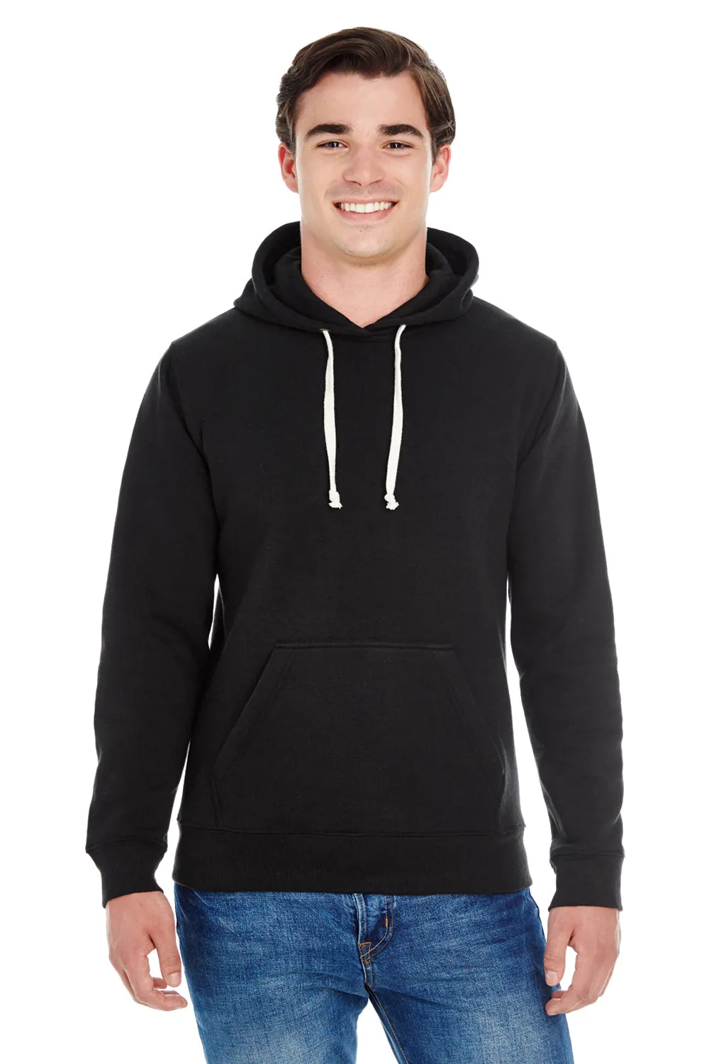 J America Herren Fleece Kapuzenpullover mit Kangaroo-Tasche - Einfarbig Schwarz