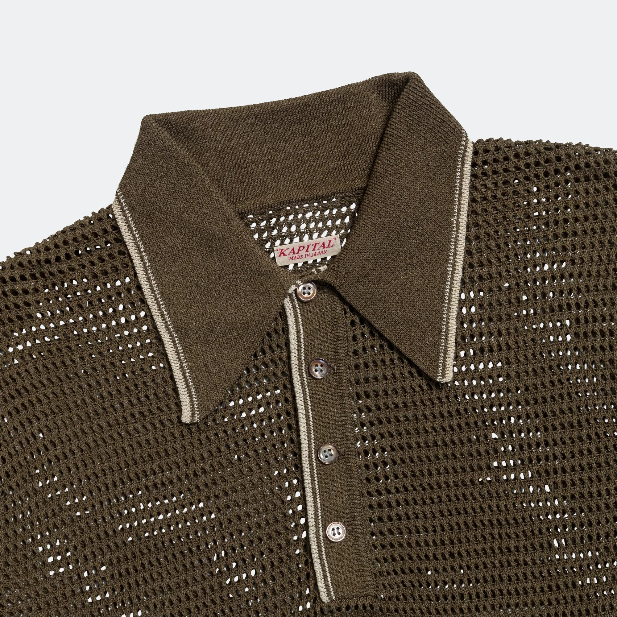 Kapital Clothing 12G Mesh Strick CAROL Polo - Khaki
