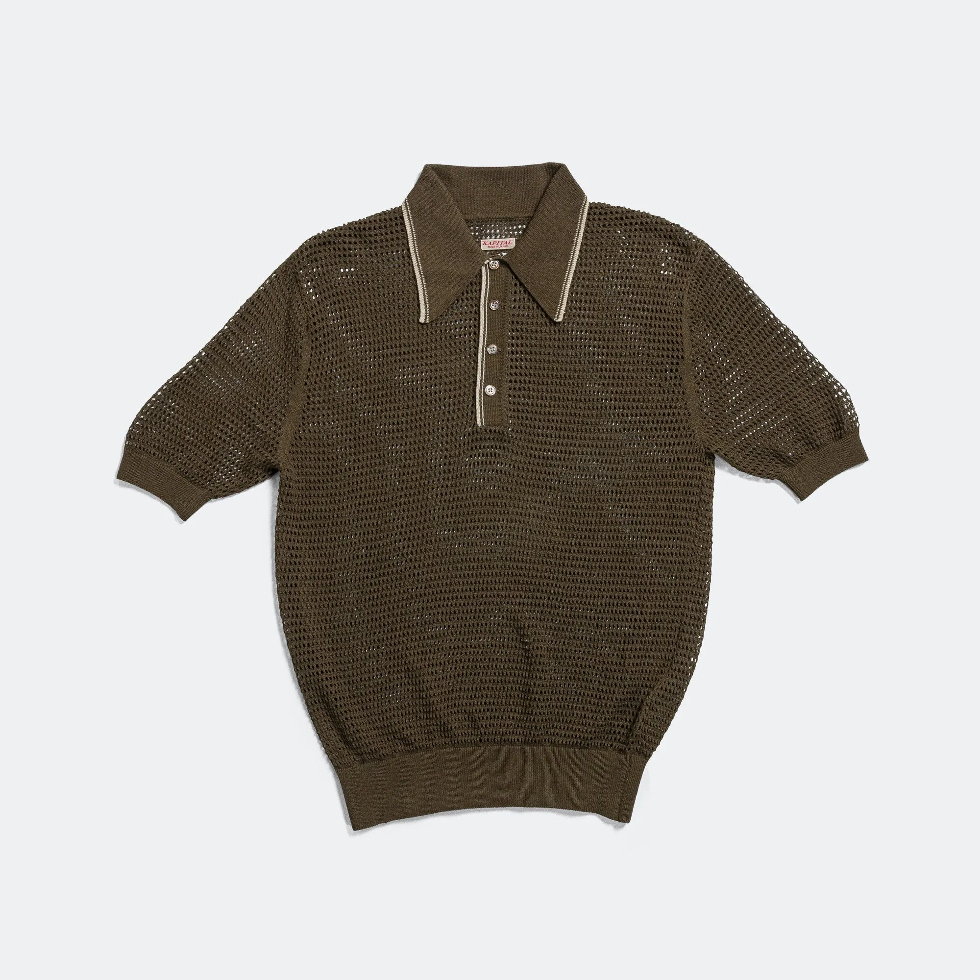 Kapital Clothing 12G Mesh Strick CAROL Polo - Khaki