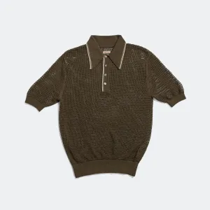 Kapital Clothing 12G Mesh Strick CAROL Polo - Khaki