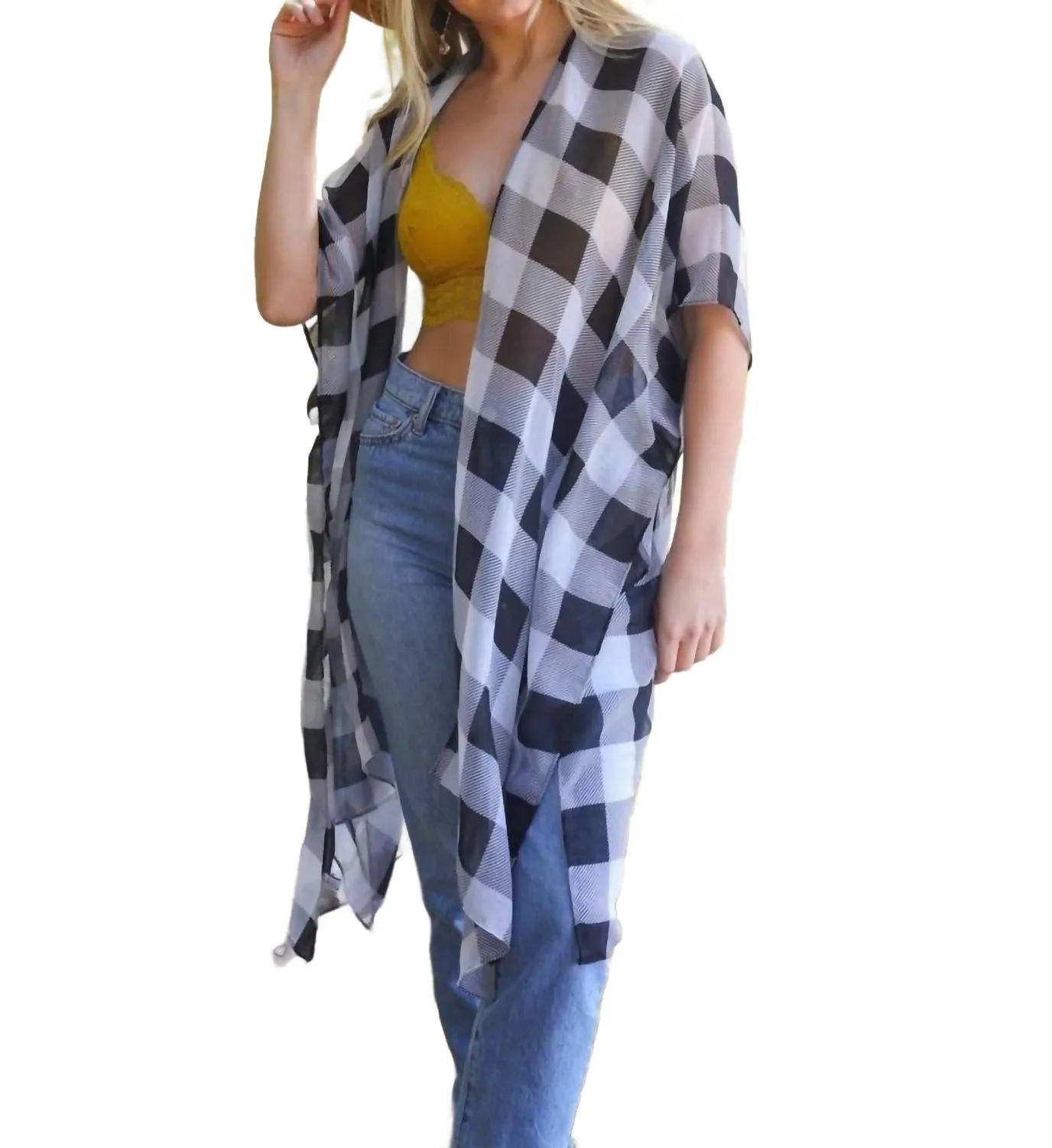 Leichter Buffalo-Check-Kimono in Schwarz & Weiß