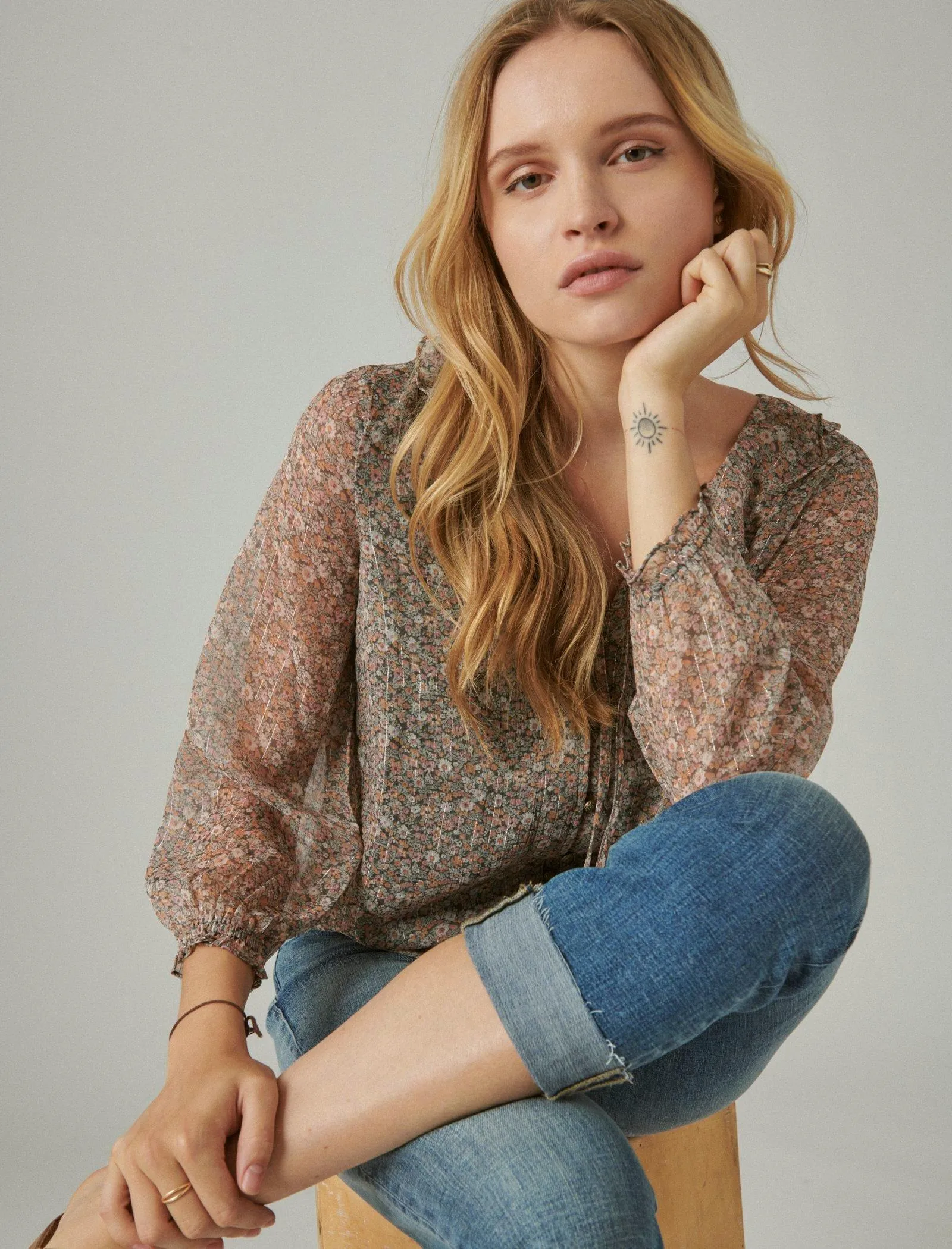 Lucky Brand Gedruckte Chiffon Bluse Schwarz Multicolor Lucky Brand