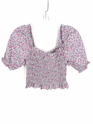 Lush Größe M Weiß/Schwarz/Rosa Blumenmuster Rüschenoberteil Kurzarm