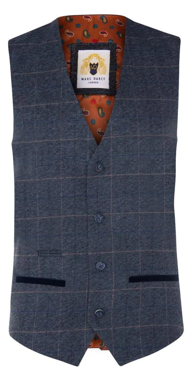 Marc Darcy Herren Blau Tweed Weste Peaky Blinders Karo Wolle Fischgrät