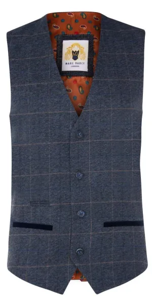 Marc Darcy Herren Blau Tweed Weste Peaky Blinders Karo Wolle Fischgrät
