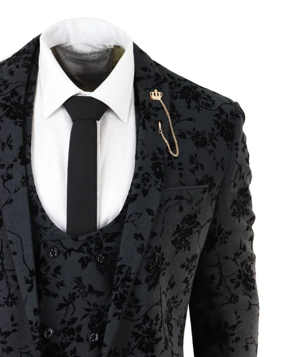 Herren 3-teiliger schwarzer Paisley Samt Dinneranzug