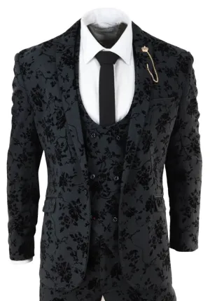 Herren 3-teiliger schwarzer Paisley Samt Dinneranzug
