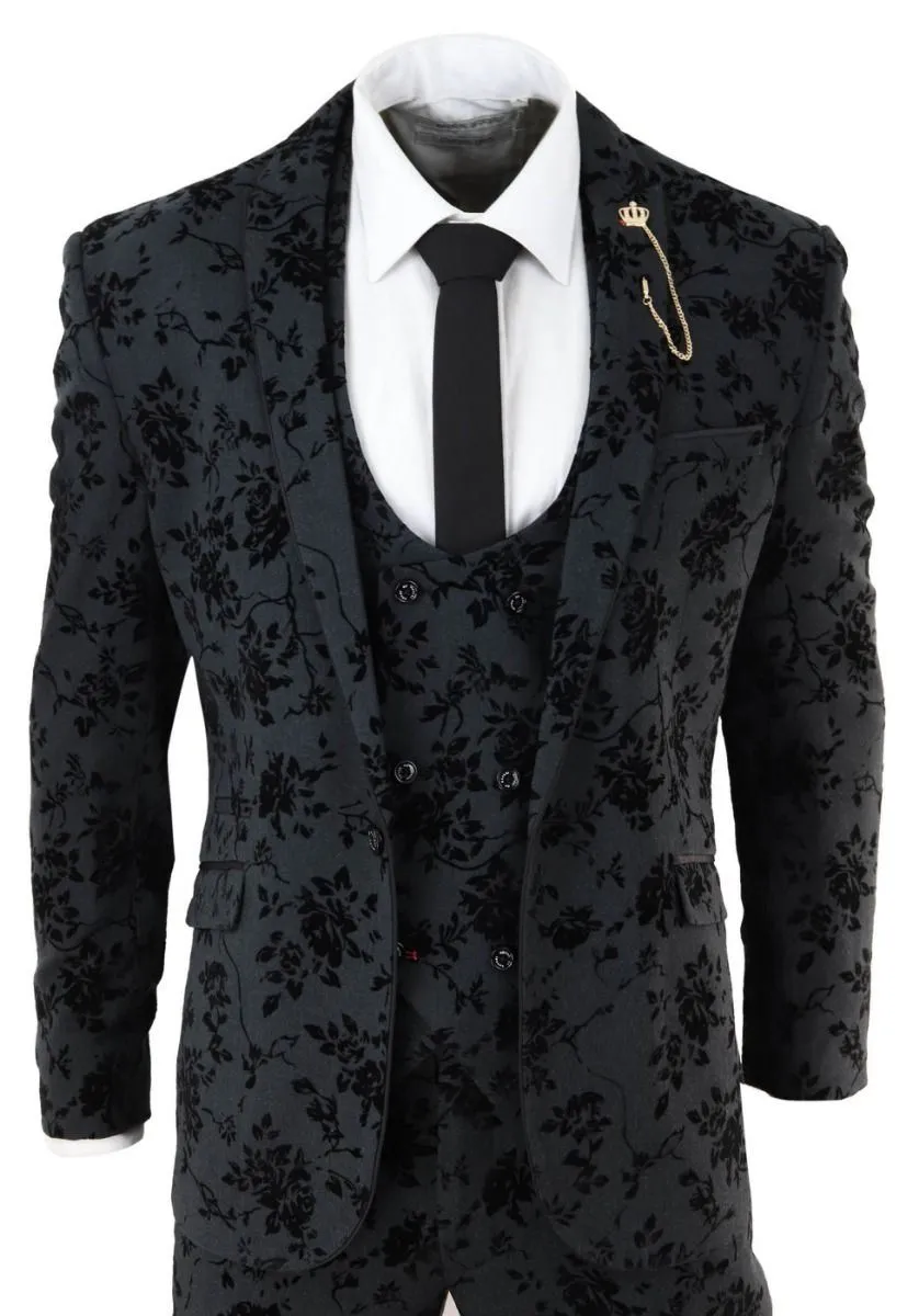 Herren 3-teiliger schwarzer Paisley Samt Dinneranzug