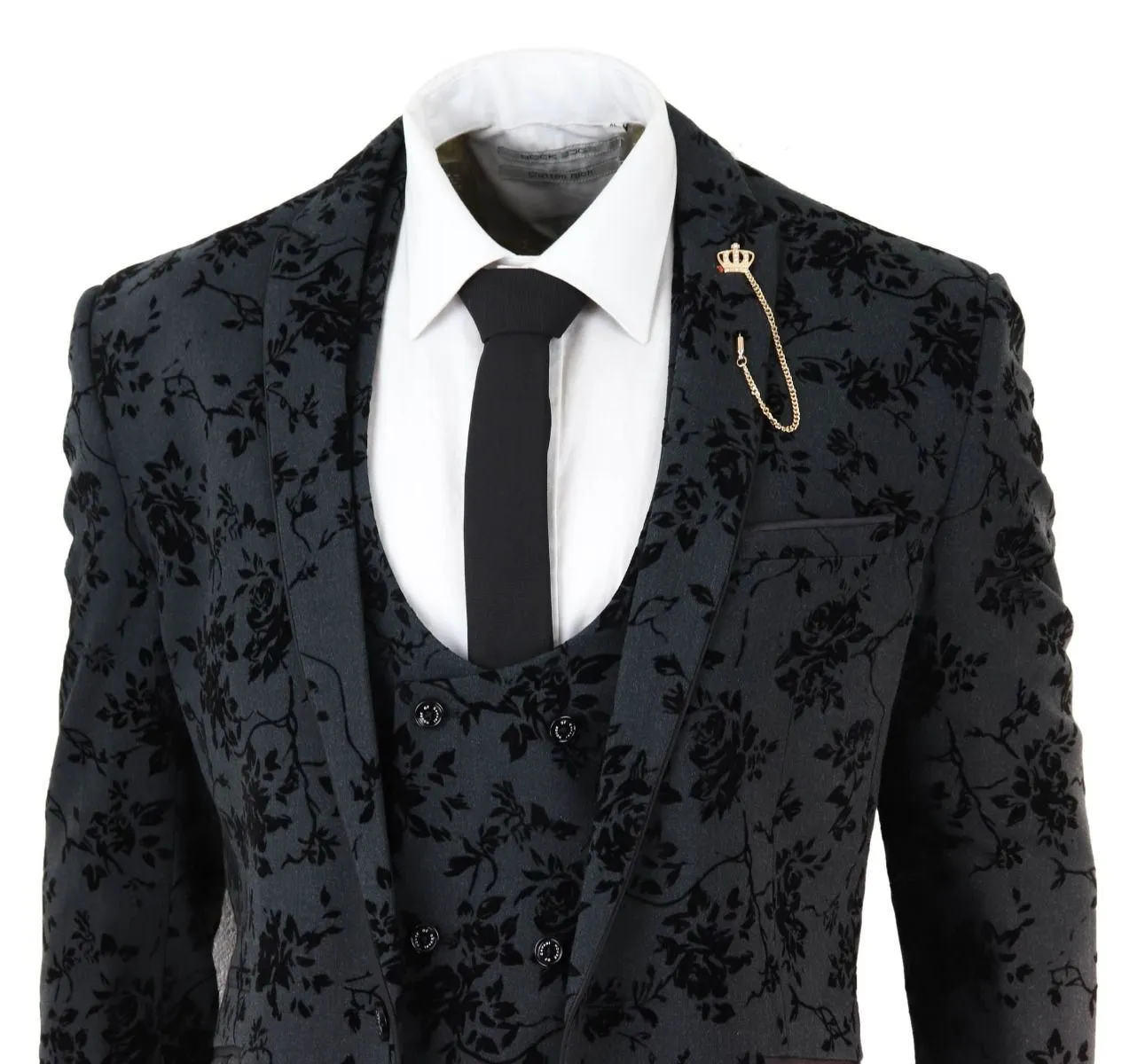 Herren 3-teiliger schwarzer Paisley Samt Dinneranzug