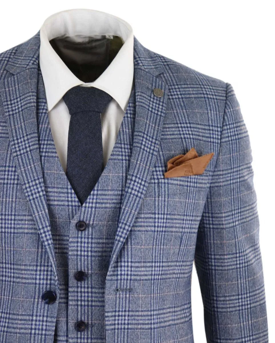 Herren 3-teiliger blau-grauer Tweed-Karo Vintage Retro Anzug