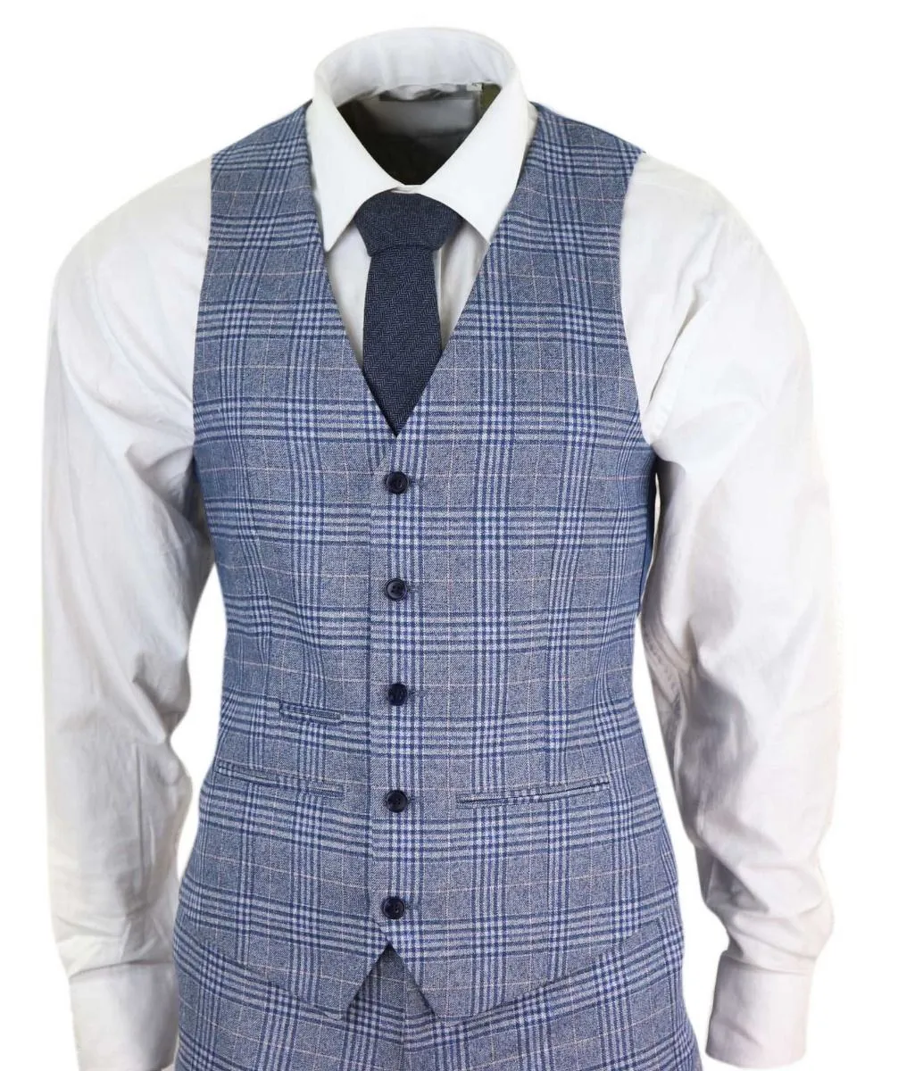 Herren 3-teiliger blau-grauer Tweed-Karo Vintage Retro Anzug