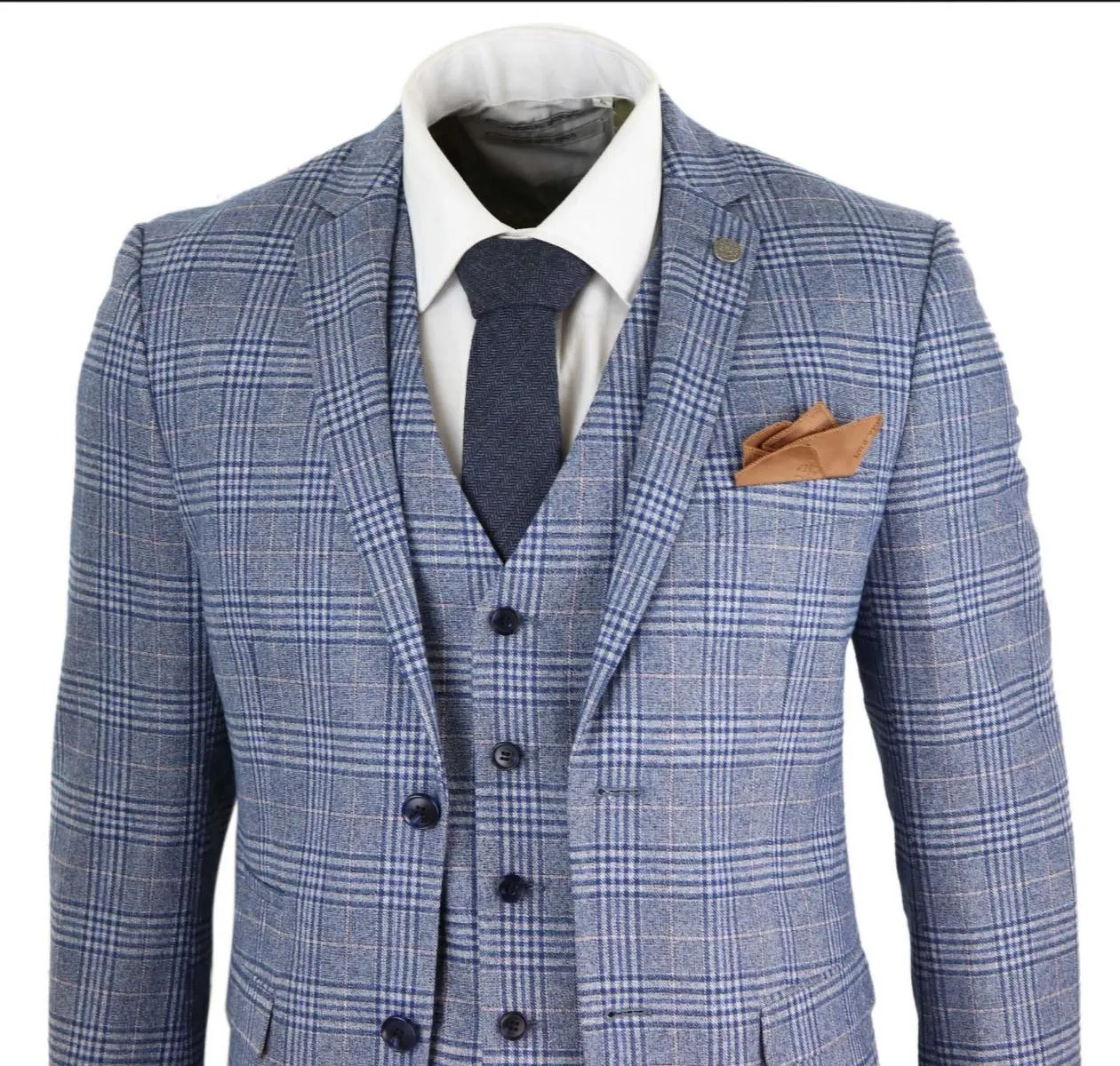Herren 3-teiliger blau-grauer Tweed-Karo Vintage Retro Anzug