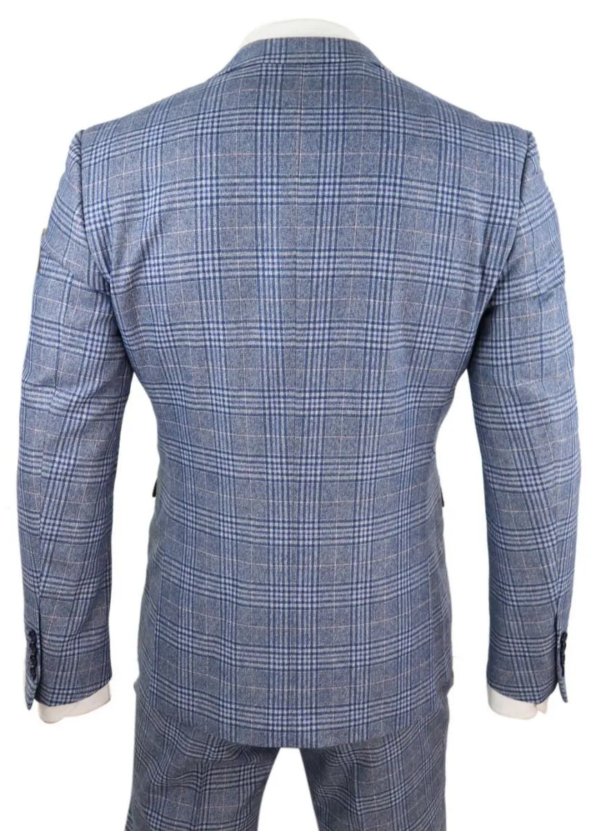Herren 3-teiliger blau-grauer Tweed-Karo Vintage Retro Anzug