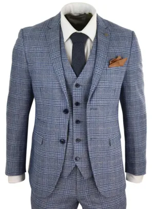 Herren 3-teiliger blau-grauer Tweed-Karo Vintage Retro Anzug