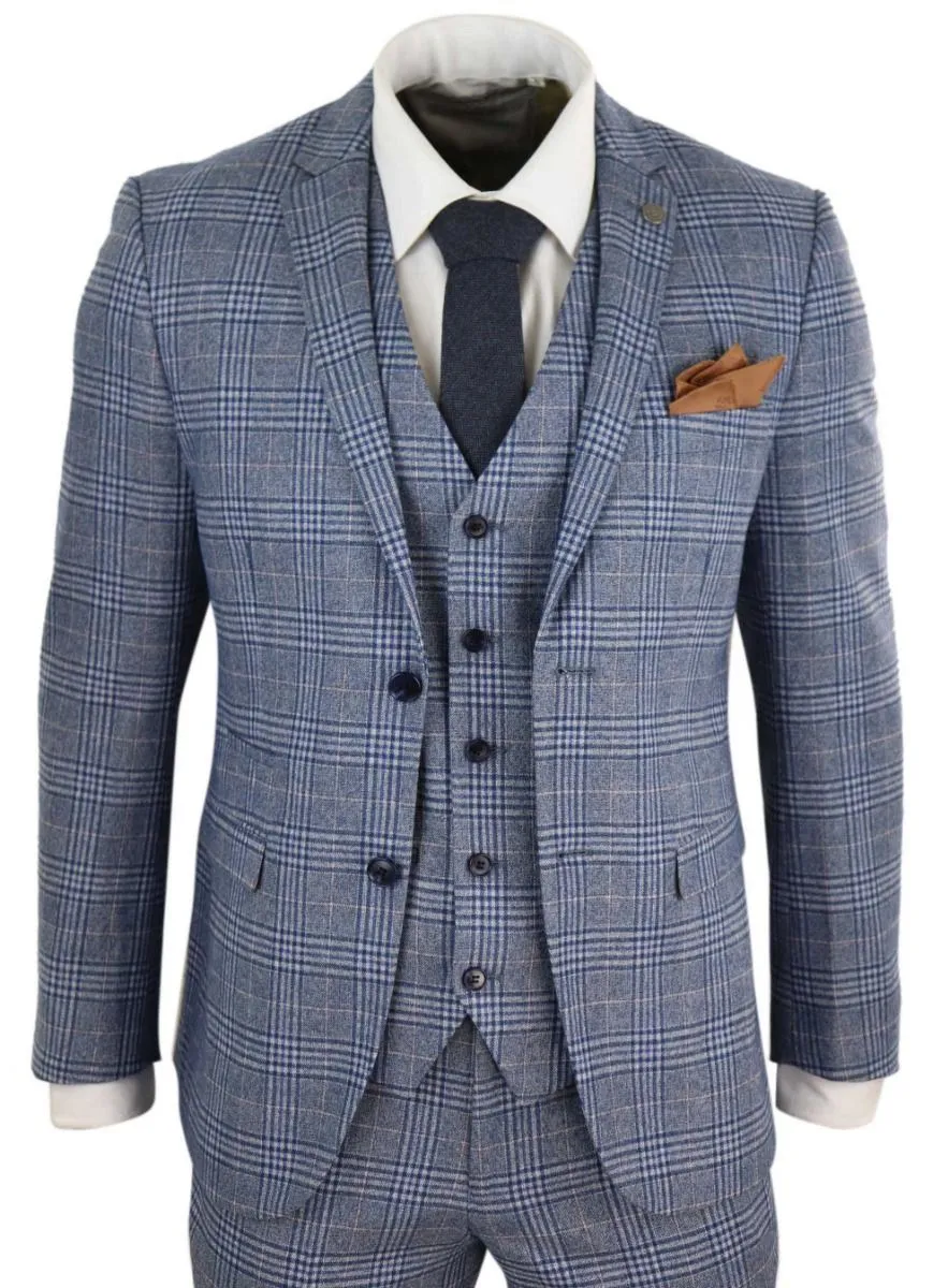 Herren 3-teiliger blau-grauer Tweed-Karo Vintage Retro Anzug
