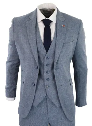 Herren 3-teiliger hellblauer Tweed-Anzug im maßgeschneiderten Retro-Stil