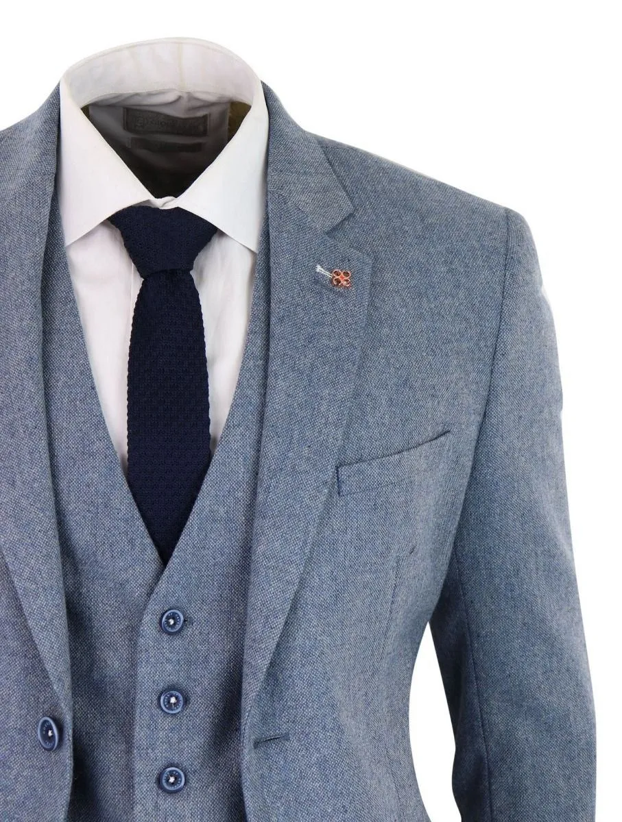 Herren 3-teiliger hellblauer Tweed-Anzug im maßgeschneiderten Retro-Stil