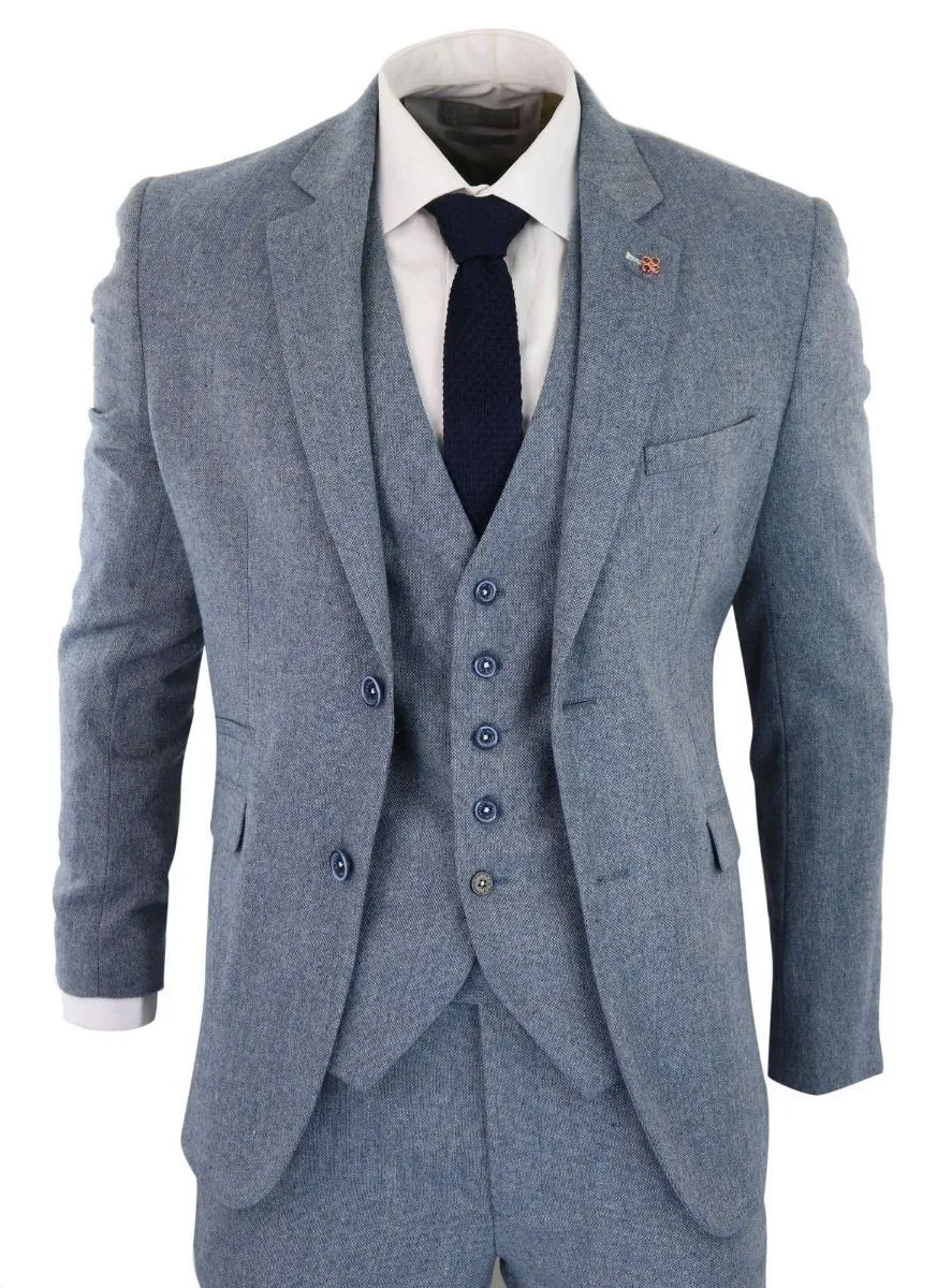 Herren 3-teiliger hellblauer Tweed-Anzug im maßgeschneiderten Retro-Stil