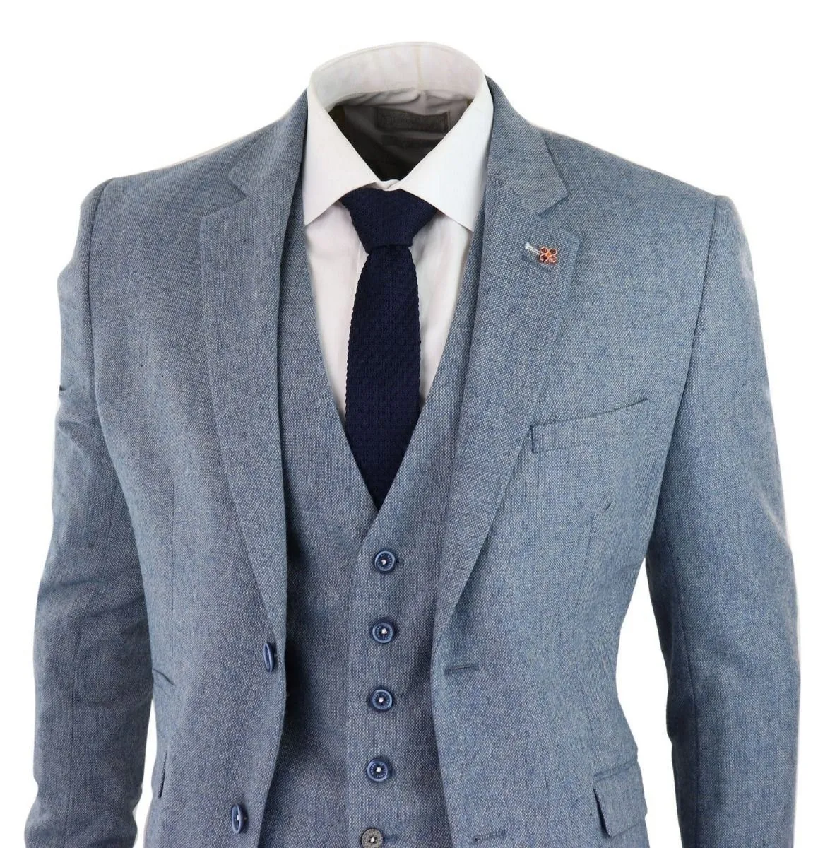 Herren 3-teiliger hellblauer Tweed-Anzug im maßgeschneiderten Retro-Stil