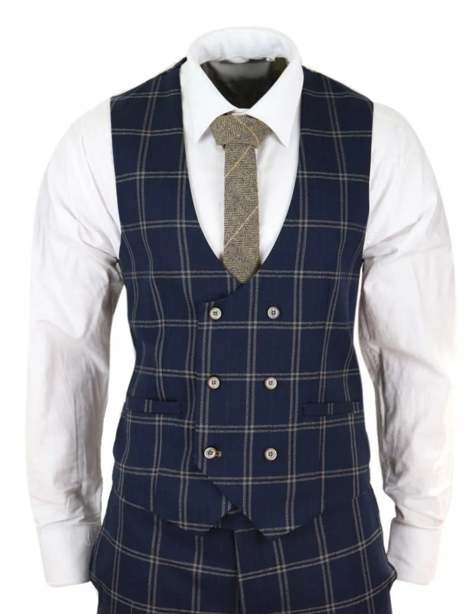 Herren 3-teiliger Retro-Anzug in Marineblau und Beige im Tweed-Karo-Muster