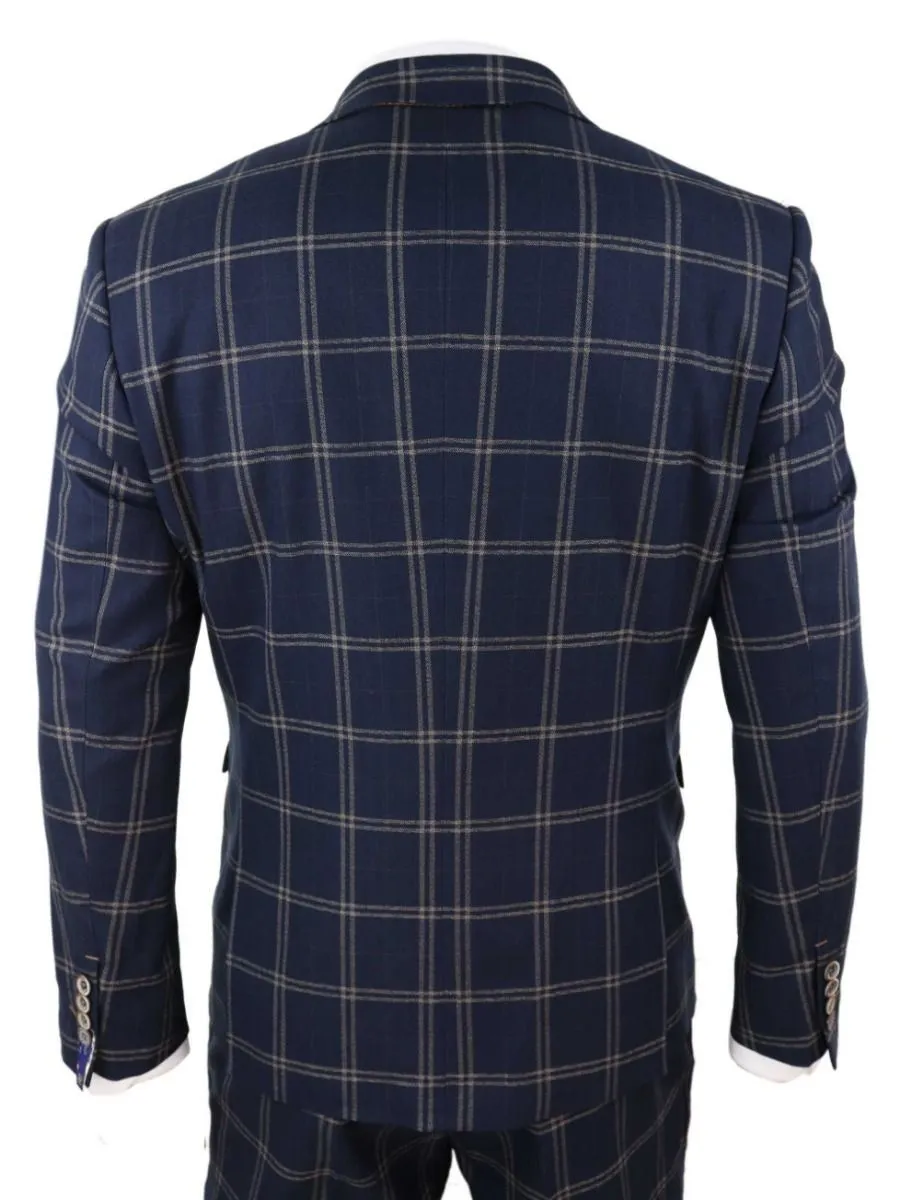Herren 3-teiliger Retro-Anzug in Marineblau und Beige im Tweed-Karo-Muster