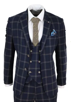 Herren 3-teiliger Retro-Anzug in Marineblau und Beige im Tweed-Karo-Muster