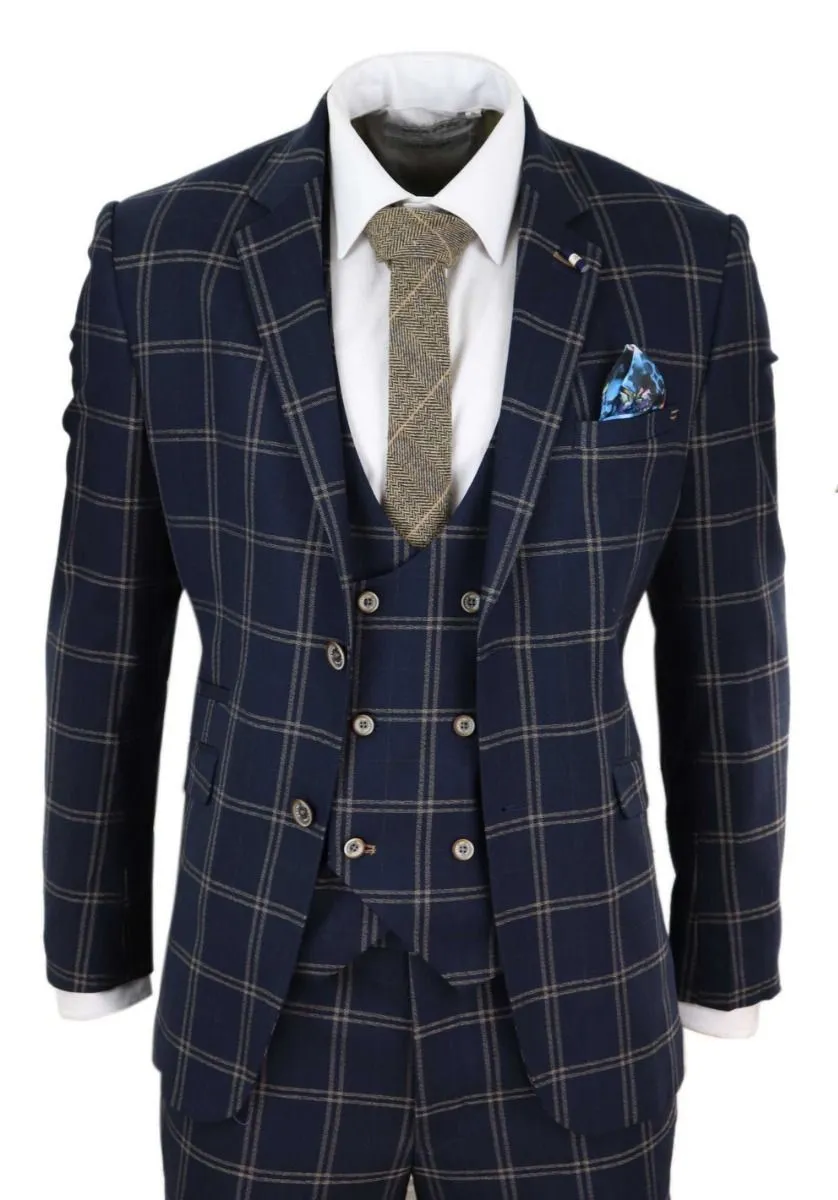 Herren 3-teiliger Retro-Anzug in Marineblau und Beige im Tweed-Karo-Muster