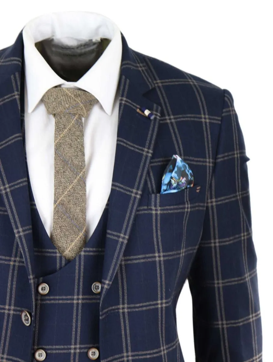 Herren 3-teiliger Retro-Anzug in Marineblau und Beige im Tweed-Karo-Muster