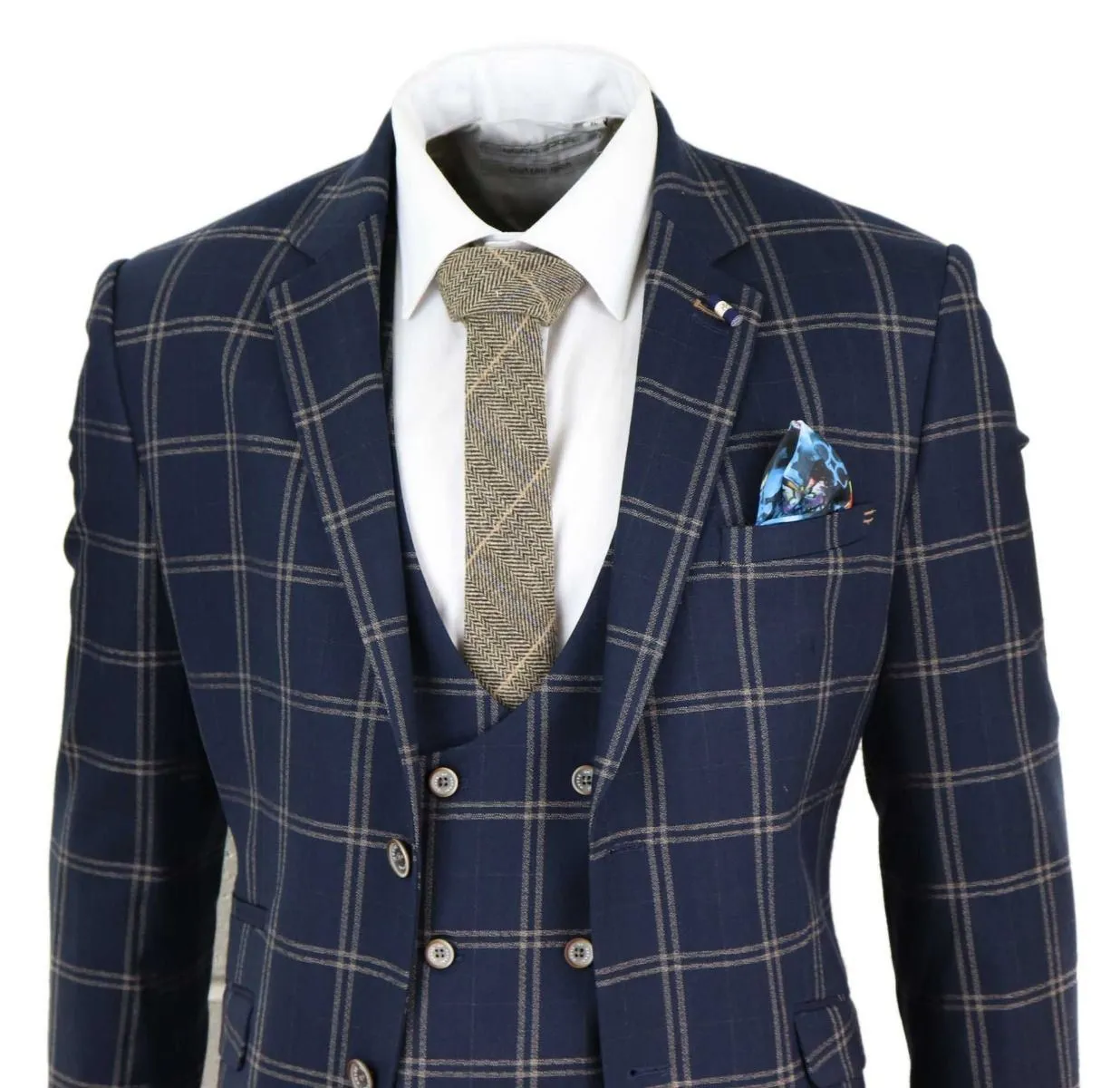 Herren 3-teiliger Retro-Anzug in Marineblau und Beige im Tweed-Karo-Muster