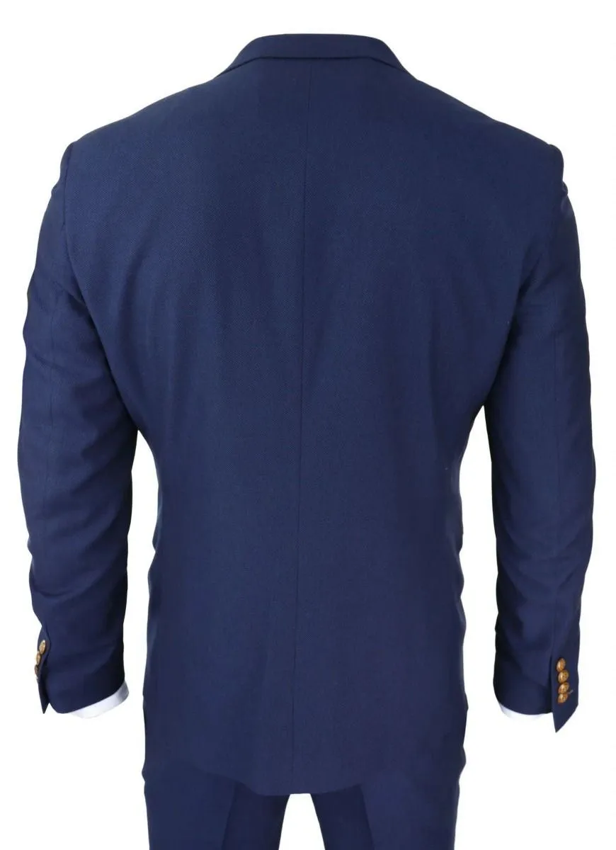Herren 3-teiliger klassischer Anzug in Navy Blue Birdseye