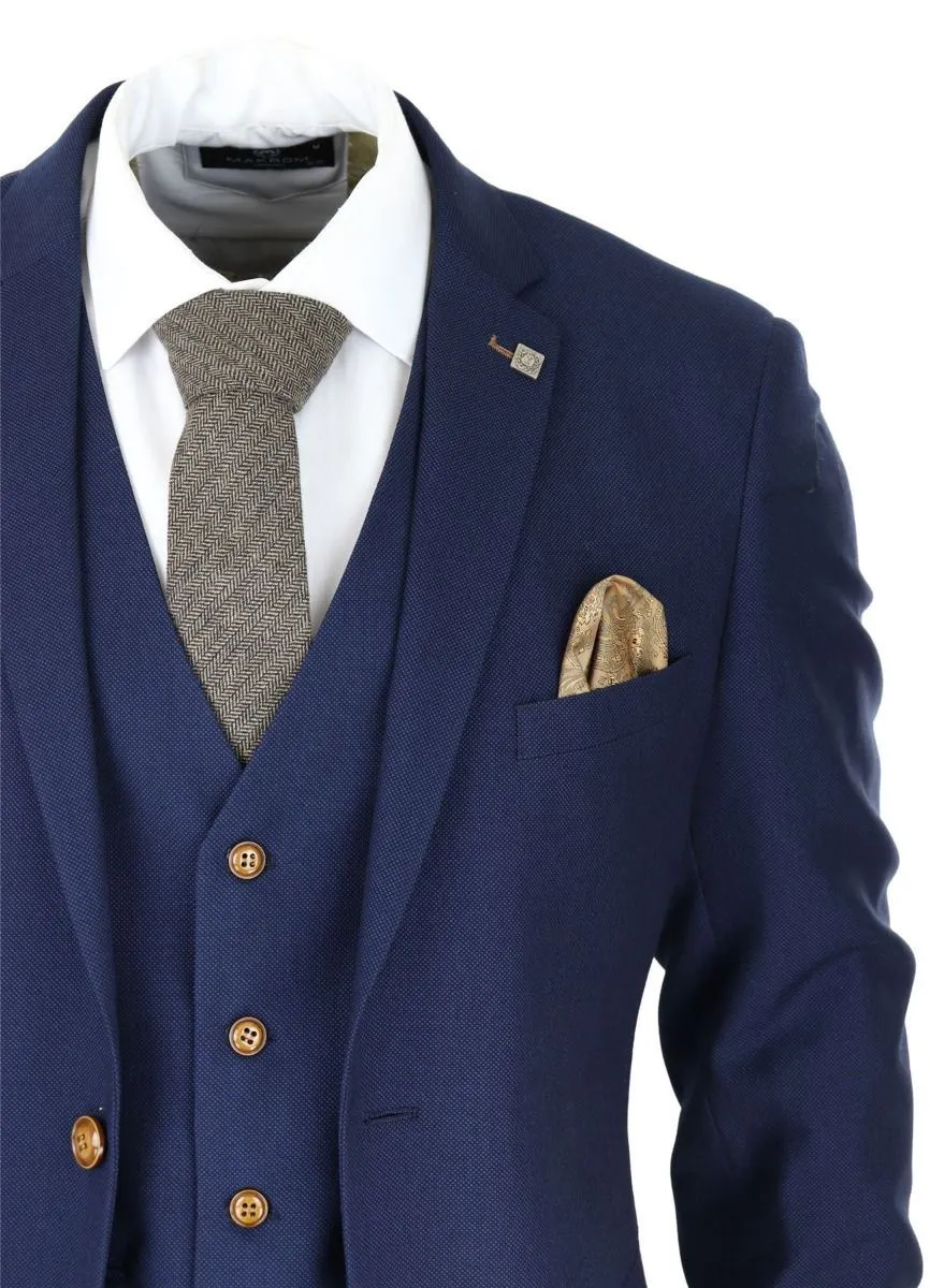 Herren 3-teiliger klassischer Anzug in Navy Blue Birdseye