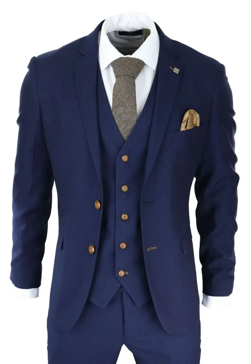 Herren 3-teiliger klassischer Anzug in Navy Blue Birdseye