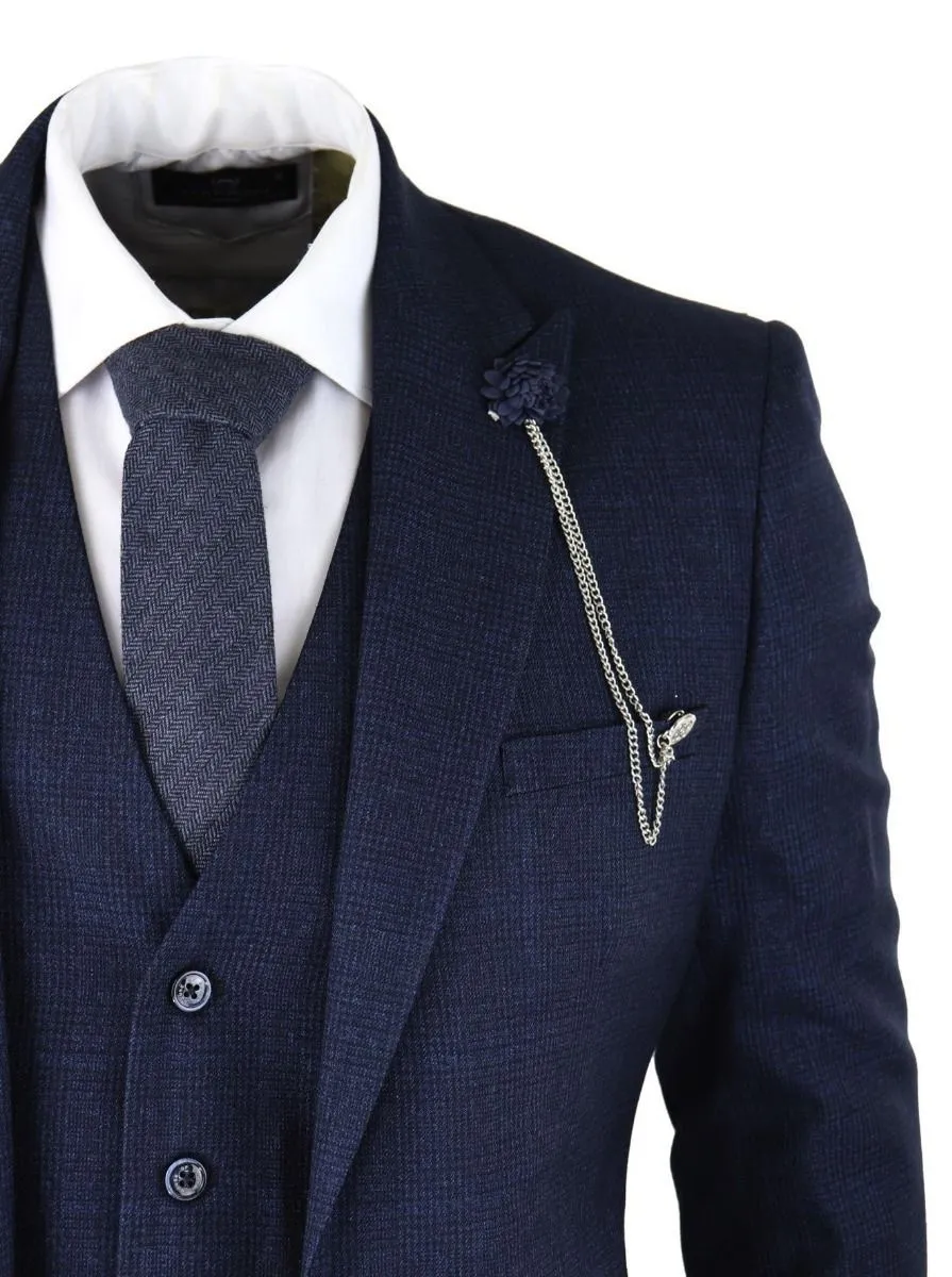 Herren 3-teiliger Anzug in Navy-Blau mit Karo-Muster im Retro-Stil