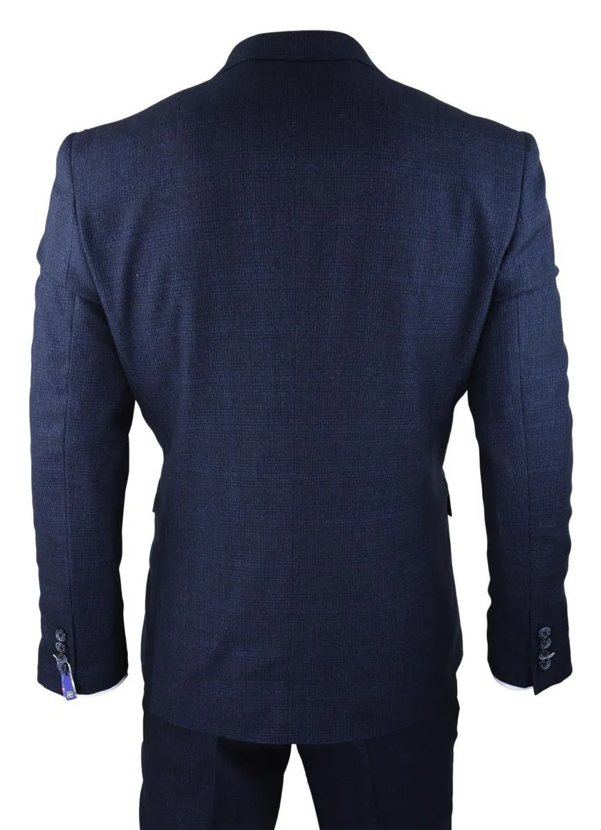 Herren 3-teiliger Anzug in Navy-Blau mit Karo-Muster im Retro-Stil