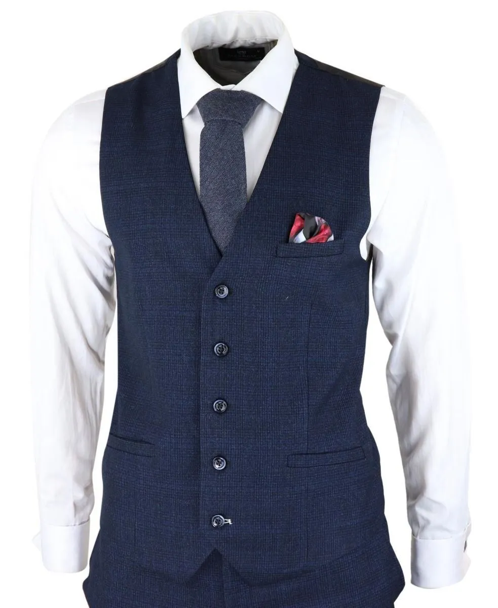 Herren 3-teiliger Anzug in Navy-Blau mit Karo-Muster im Retro-Stil